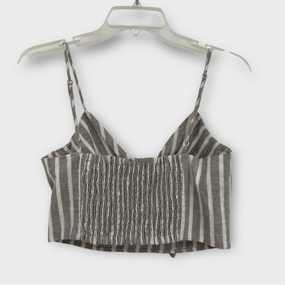 Blue Life Mila Tie Front Linen Blend Crop Top in Grey Stripe Women's Size S - Picture 3 of 6